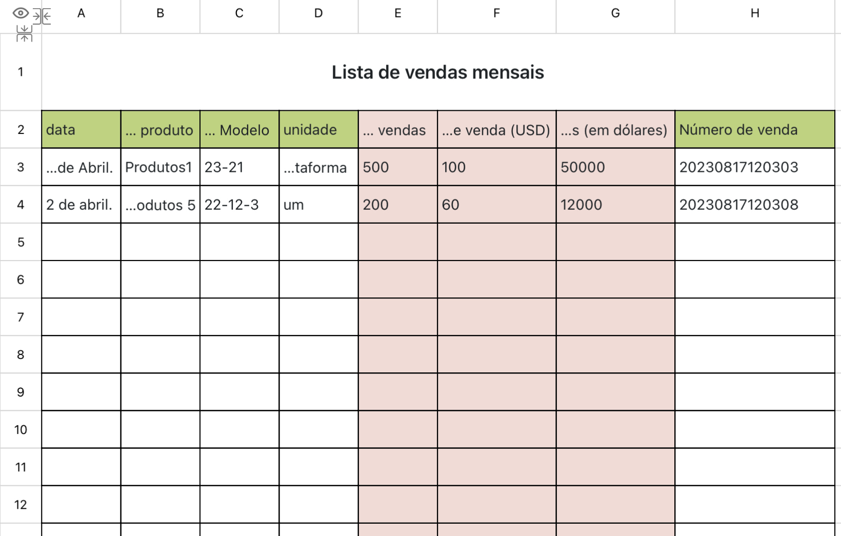 Lista de vendas mensais
